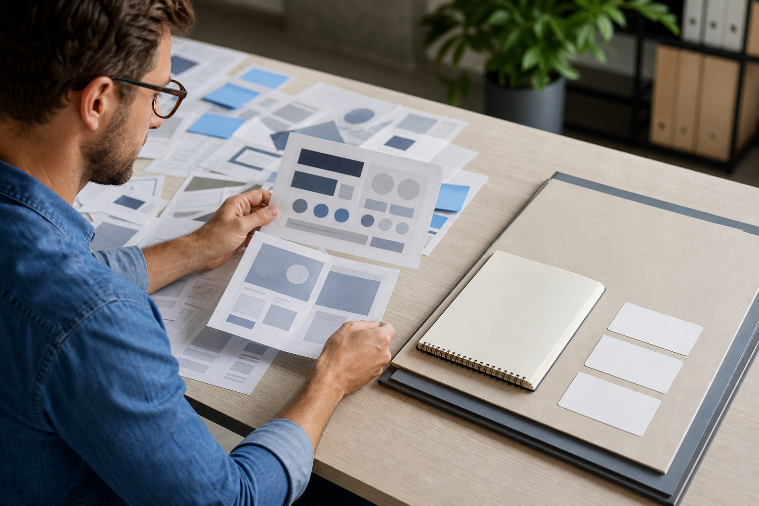 A marketing specialist selects campaign evidence, a webpage mockup, and blank idea cards for a focused application portfolio.
