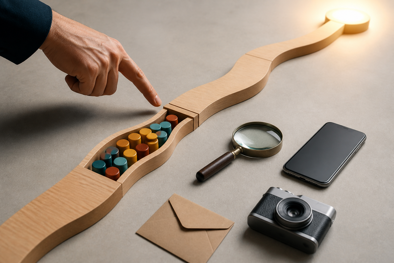 A hand points to a blocked narrow section of a wooden journey path where colored tokens have accumulated.