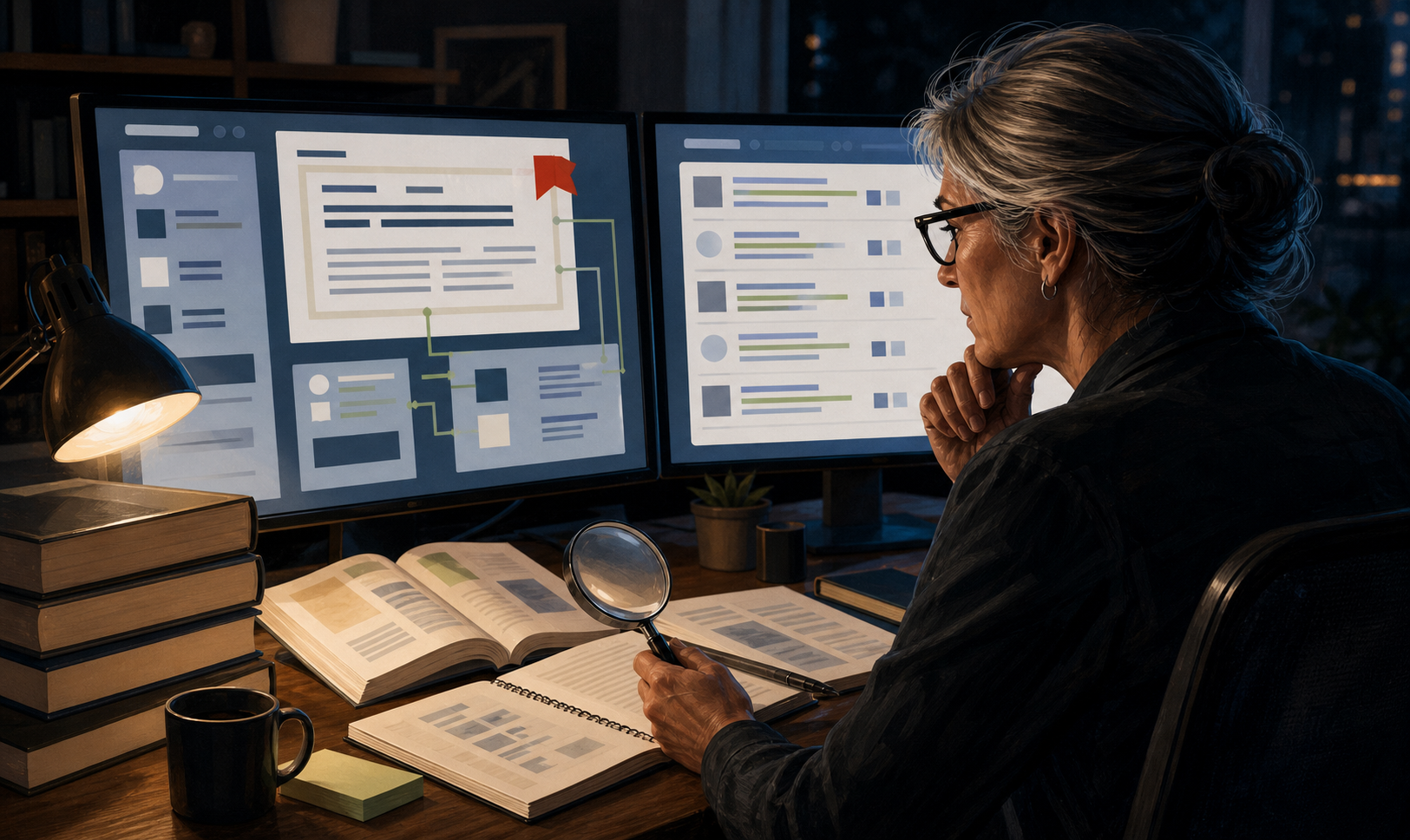 An editor compares abstract AI-generated material with multiple sources and flags a questionable passage at a computer workstation.