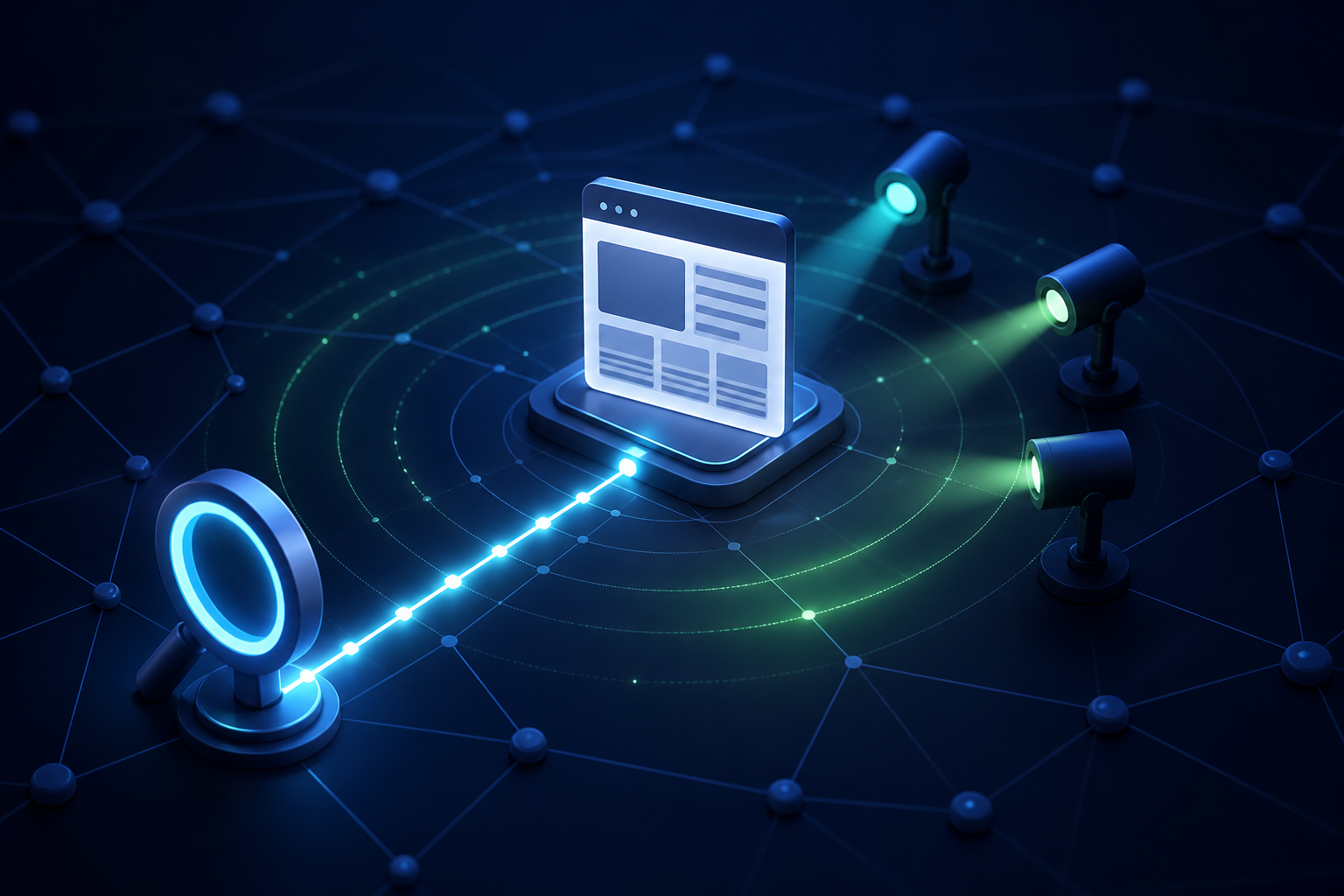 A glowing network path reconnects a magnifying-glass-shaped portal to a stable web-page node while diagnostic lights inspect it.