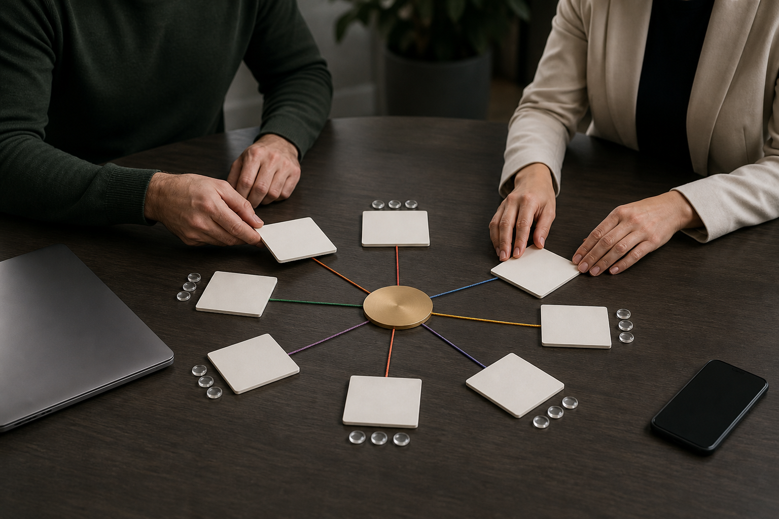 Two professionals arrange blank responsibility tiles connected to a central brass outcome marker on a conference table.
