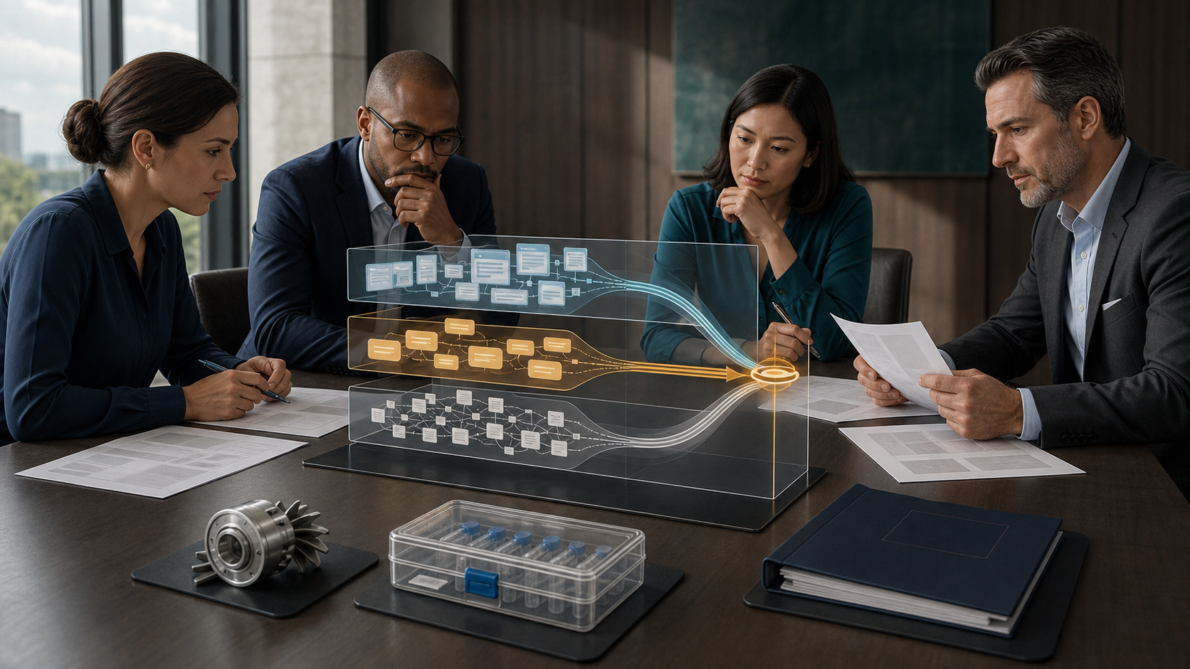 A business team evaluates agency proposals beside a transparent model of three digital discovery paths supported by sector-specific evidence.
