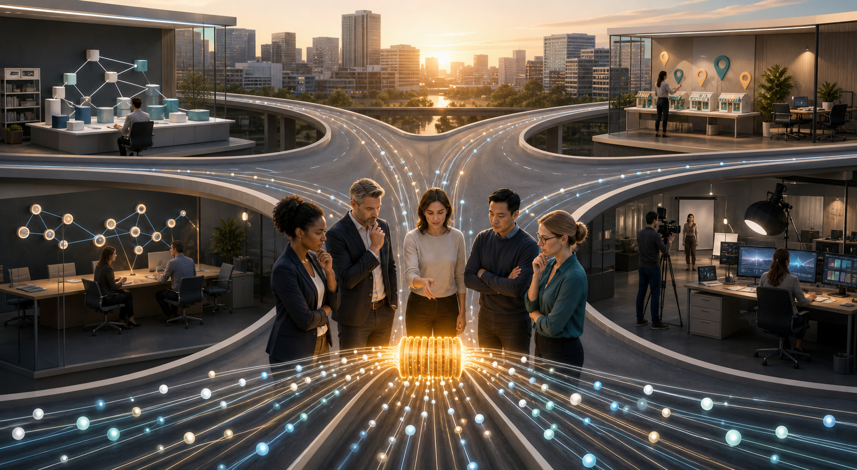A business team evaluates several branching paths leading to different types of digital marketing workspaces while an illuminated bottleneck appears in the foreground.