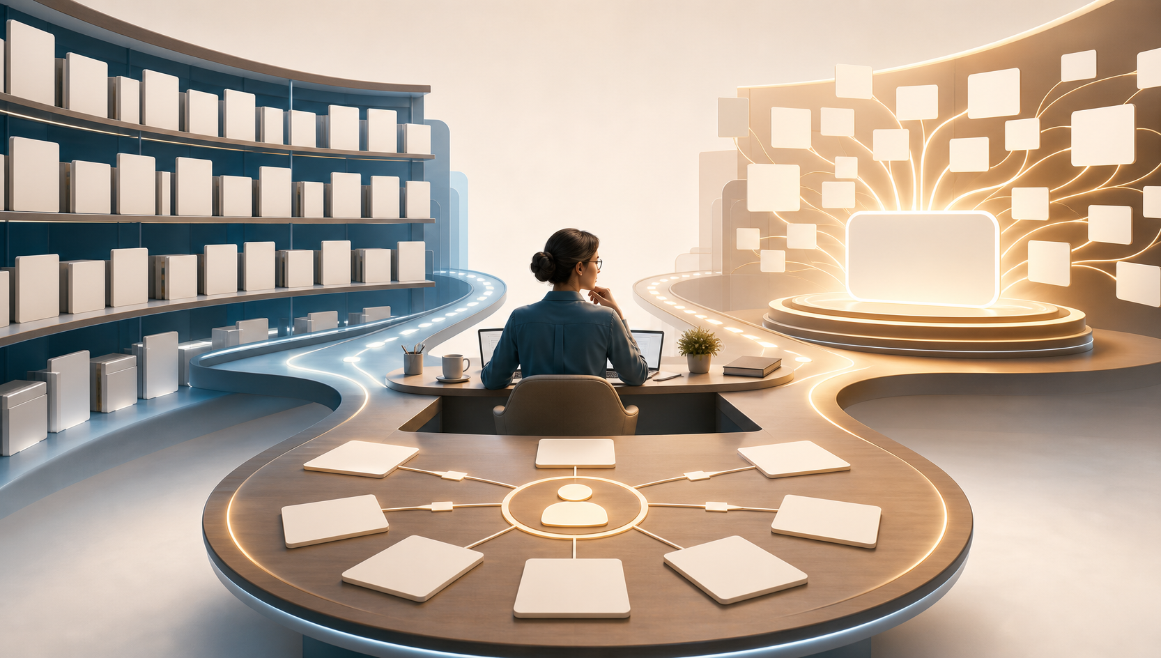 A strategist sits between an organized corridor of web documents and a conversational research space, with both pathways connecting to one decision table.