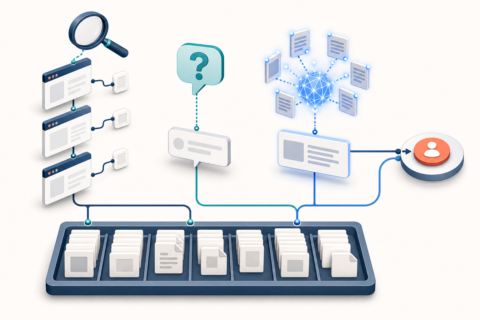 Three distinct digital discovery workflows—web search, direct answers, and generative synthesis—converge on one customer decision while remaining connected to a shared evidence library.