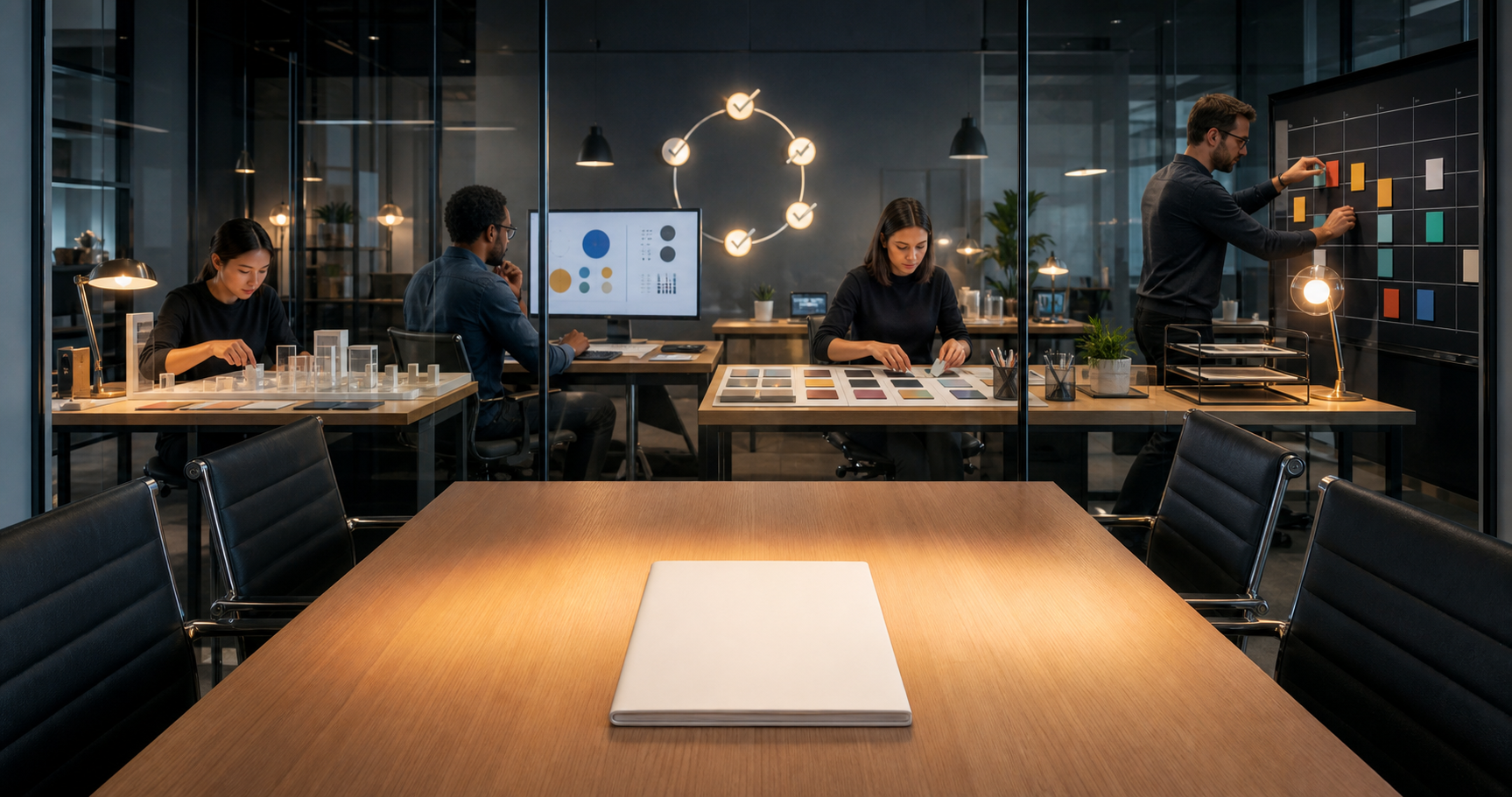 A blank agency presentation sits in a conference room while a delivery team works behind glass on website structure, analytics, content, and project workflows.
