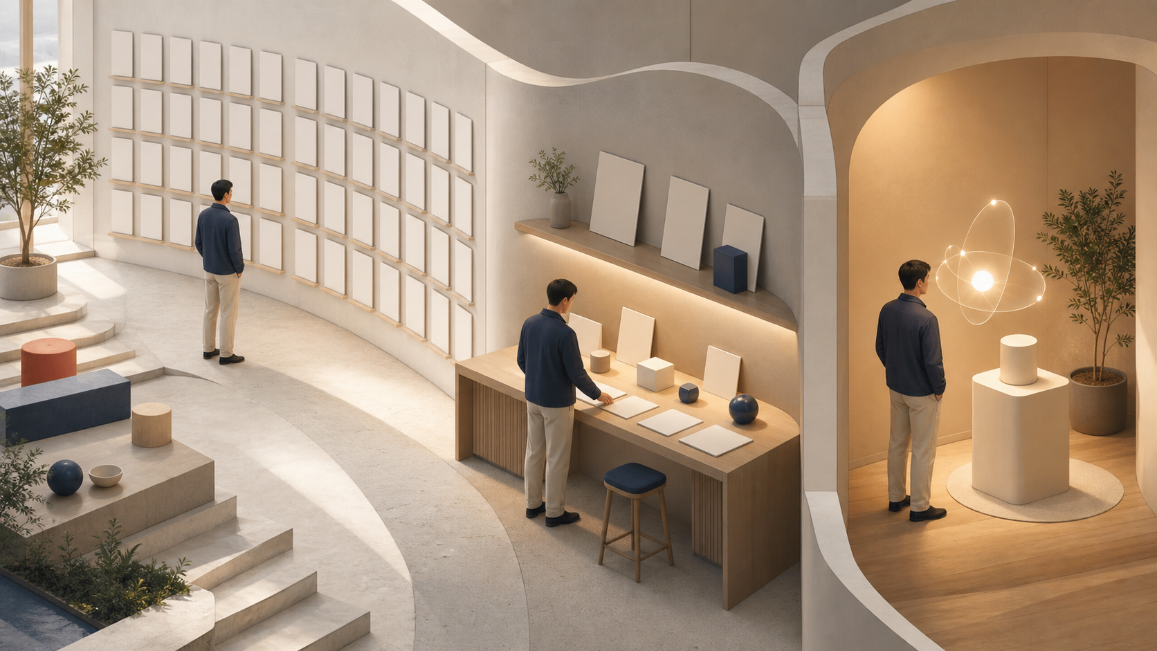 A decision-maker moves from a broad wall of options to a comparison workbench and then to a focused conversational consultation area.