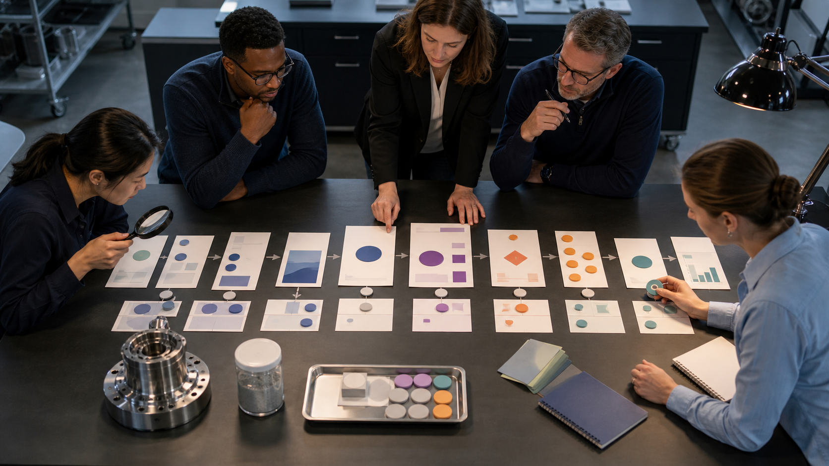 A cross-functional team traces source documents, approval checkpoints, measurement artifacts, and outcome markers during an agency evaluation workshop.