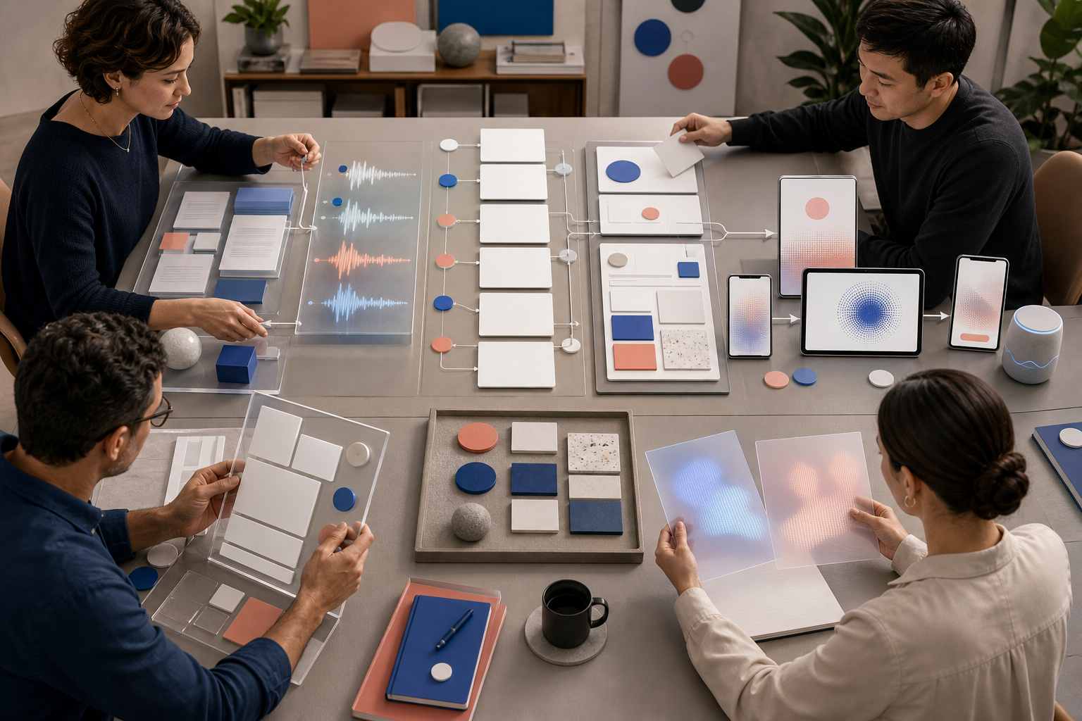 A marketing team moves source materials and structured content components through a staged workflow toward several unbranded digital answer interfaces.