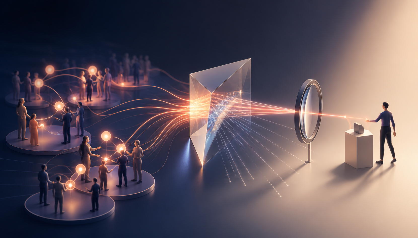 Discussion groups send recommendation signals through an attribution prism toward a shopper at a checkout pedestal, while a lens captures only part of the path.
