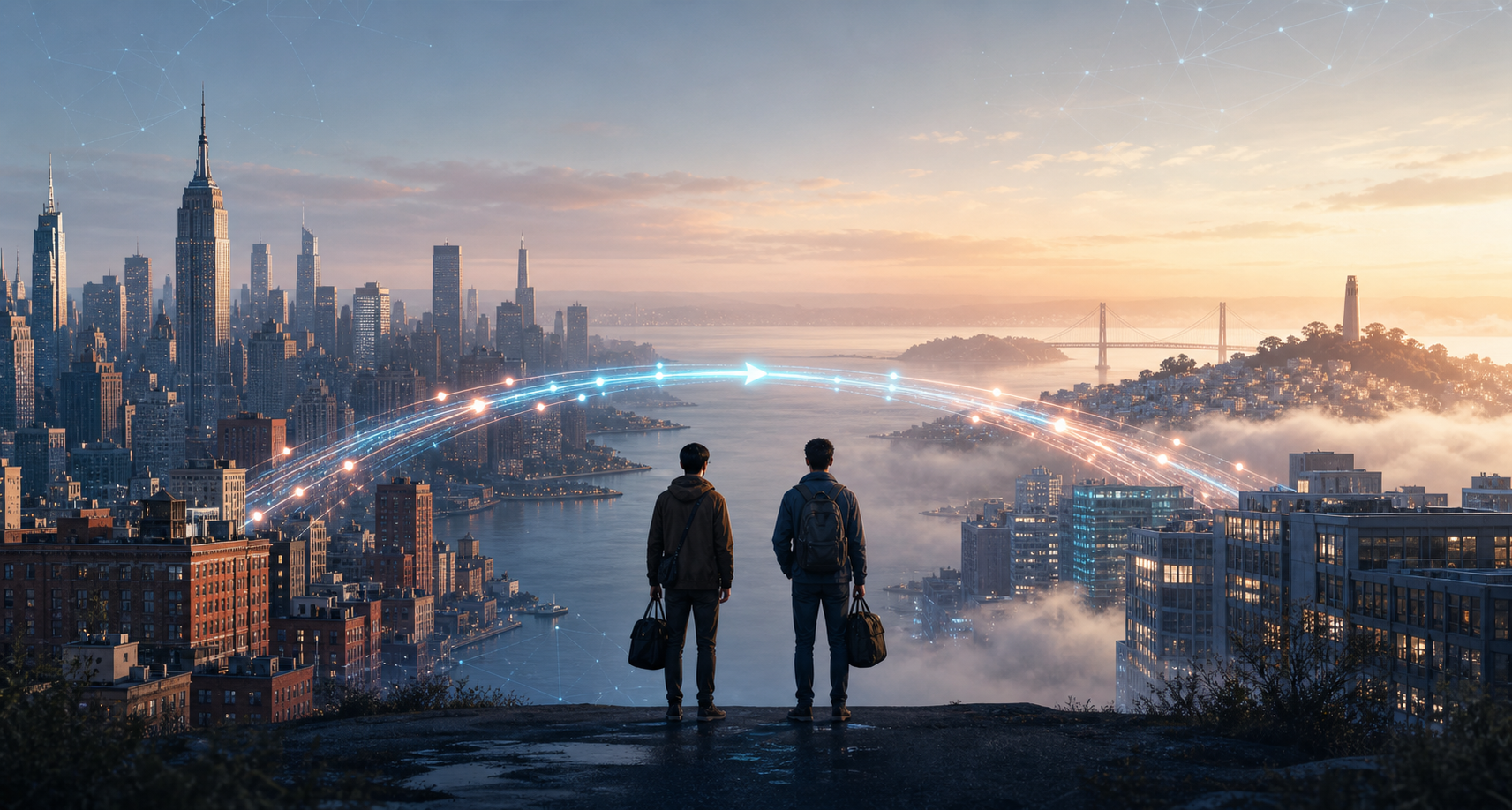 Two anonymous founders stand between an East Coast skyline and a hilly bay city connected by a glowing route carrying light in both directions.