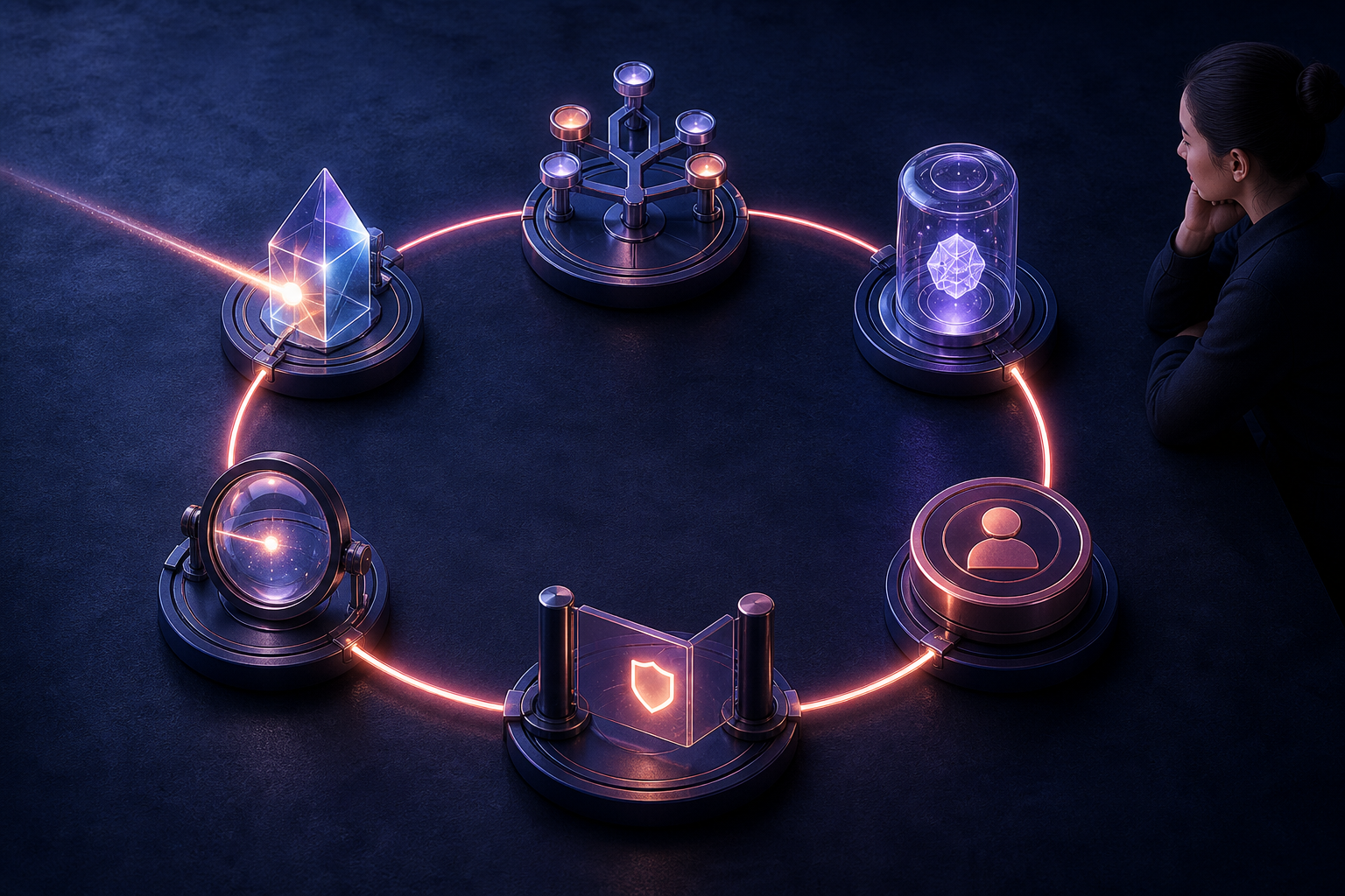 An operator supervises a circular automated workflow made of connected signal, decision, evidence, review, and verification stations.