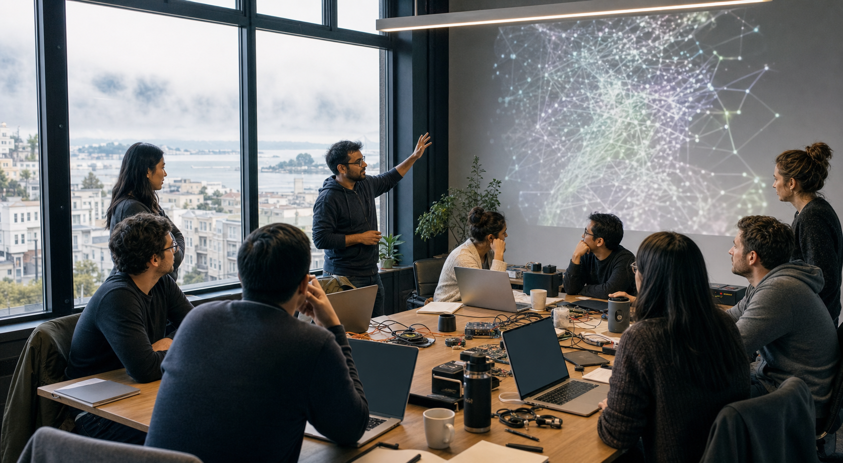 AI practitioners gather around laptops and notebooks in a sunlit San Francisco workspace while abstract network shapes are projected nearby.