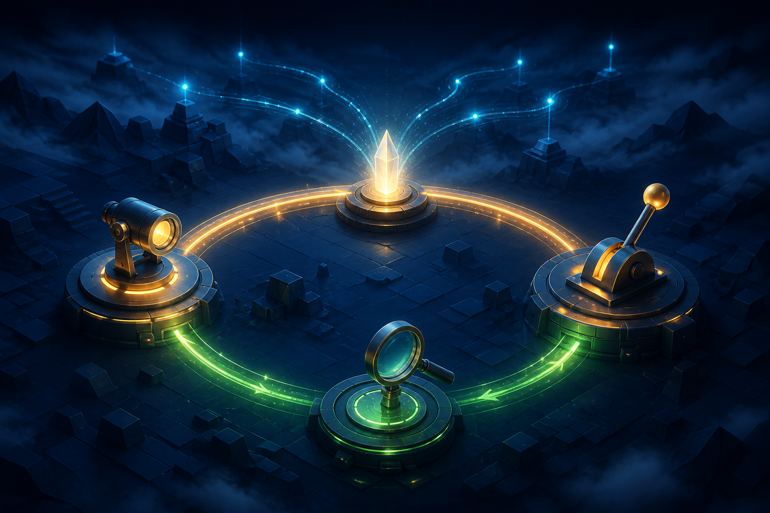 Glowing signals converge into a beacon that moves through a circular observation, action, and verification system.