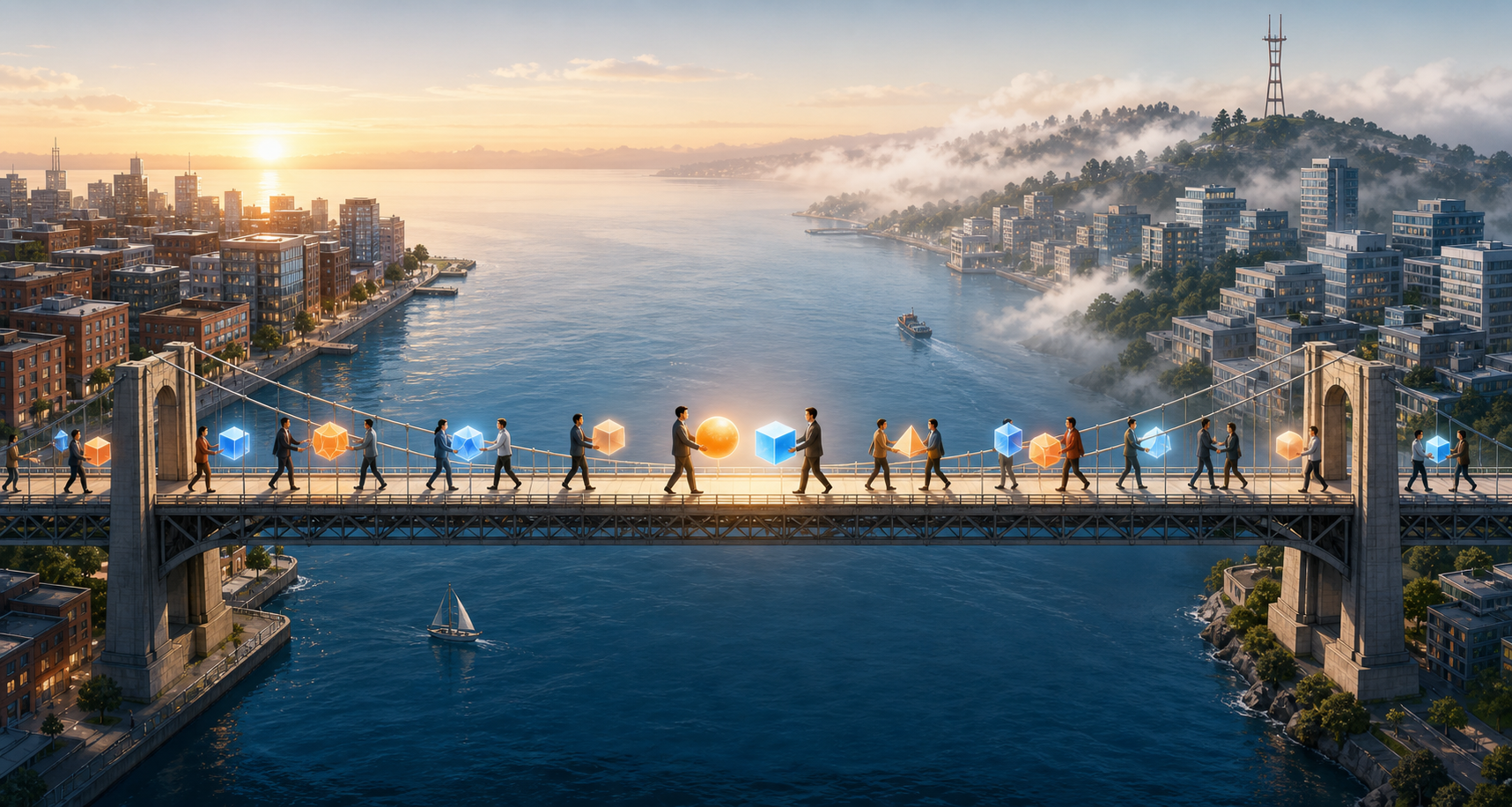 Anonymous teams carry glowing geometric objects in both directions across a bridge connecting an East Coast district and a hilly West Coast district.