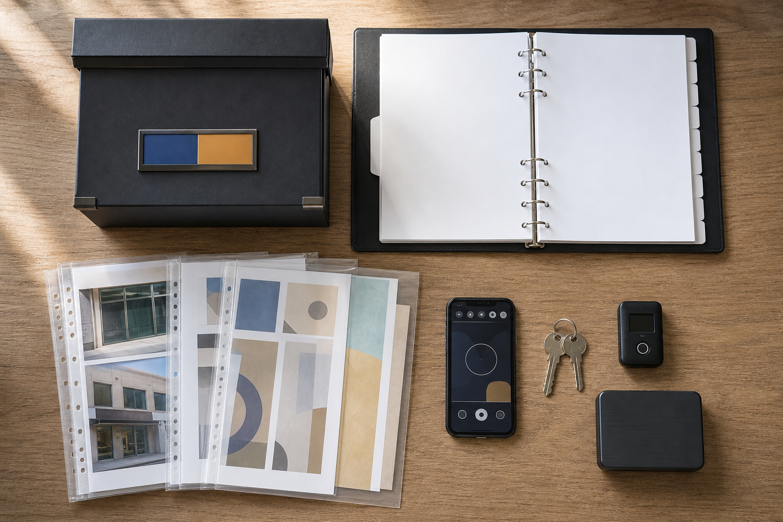Overhead view of a business evidence kit with a binder, document sleeves, storefront photos, security keys, smartphone, and backup drive.