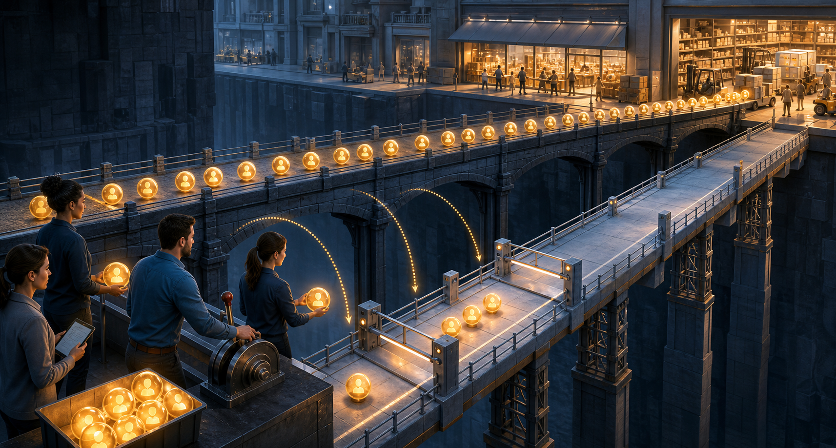A marketing team gradually moves customer-demand tokens between two parallel pathways while keeping a storefront and warehouse supplied.