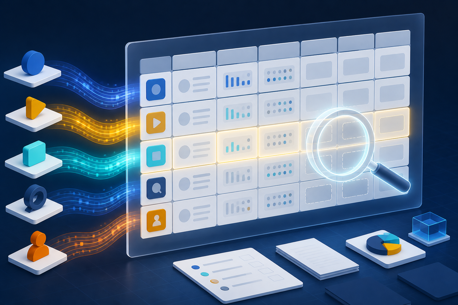 An inspection lens highlights blank metric cells in a campaign analytics dashboard as several data streams converge behind it.