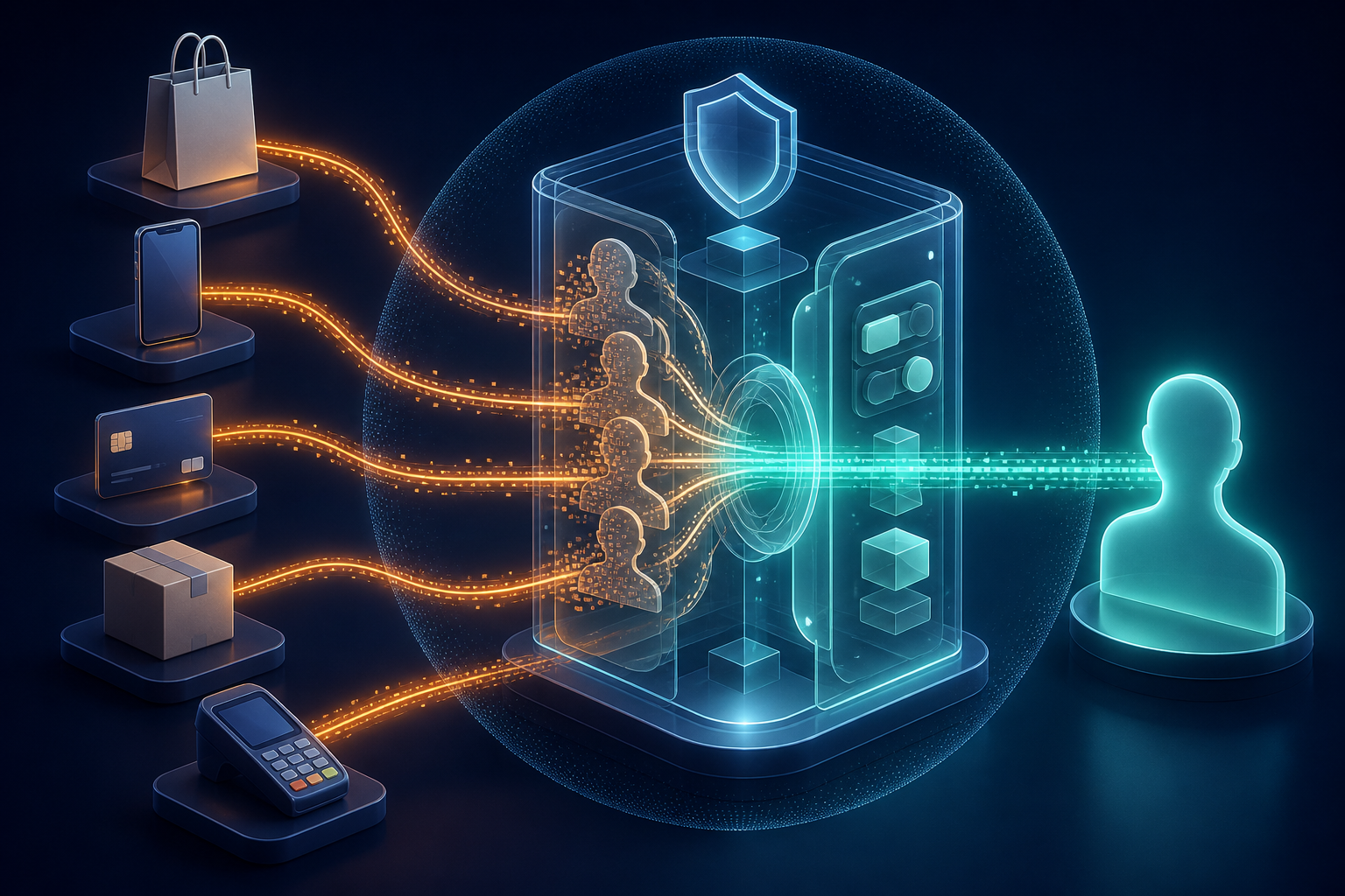Retail and digital interaction objects pass through a protected matching hub and connect to one customer silhouette.