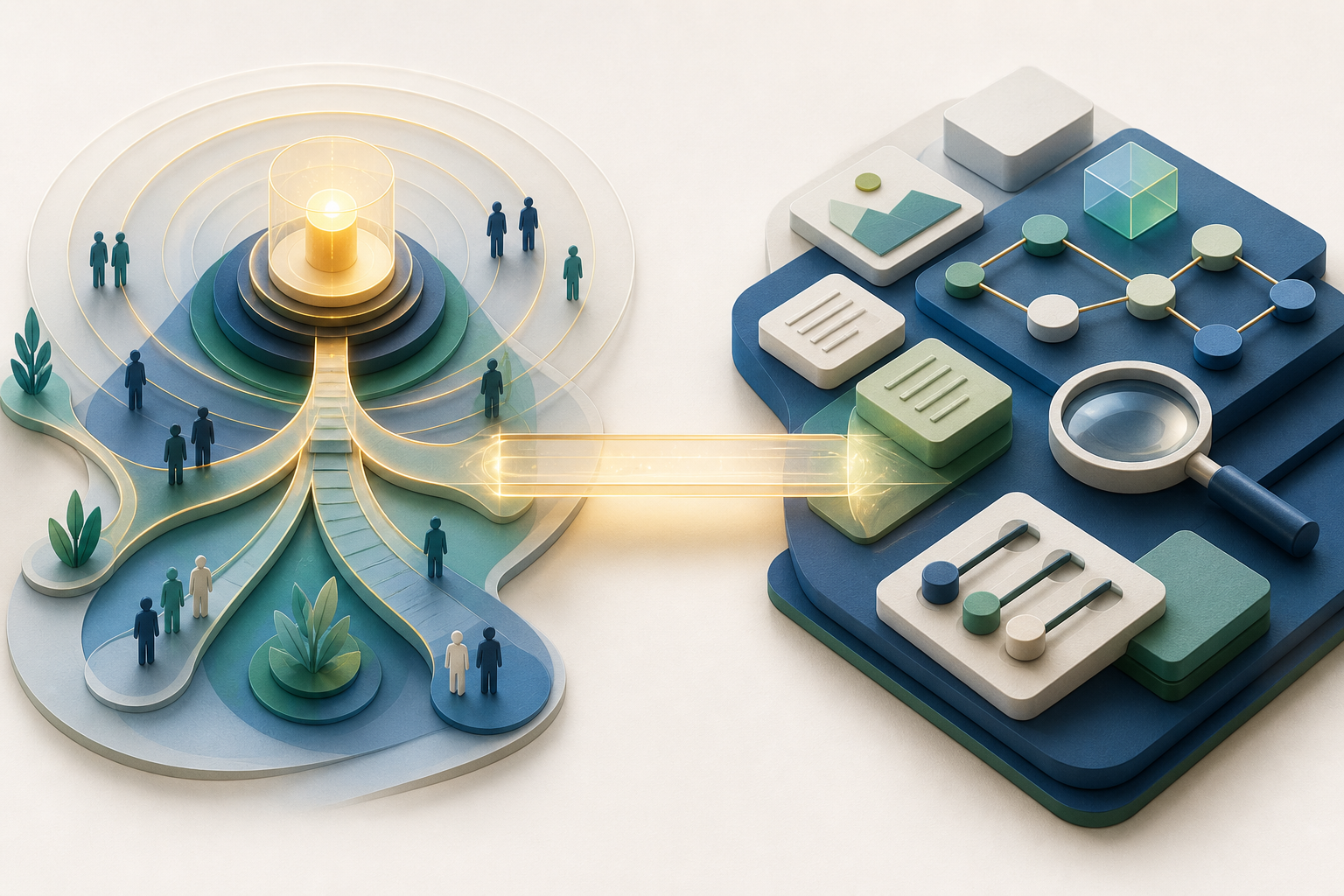 A glowing destination and audience symbols are connected by a bridge to an arrangement of tools, content blocks, and linked source nodes.