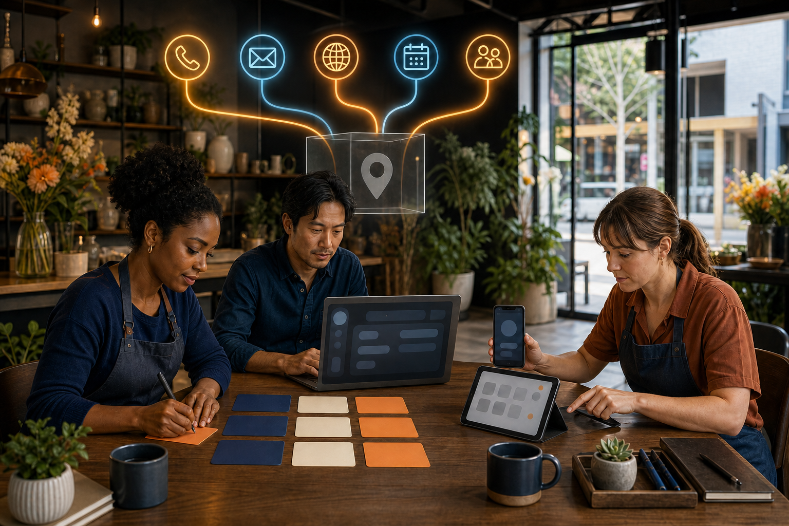 Small-business team coordinates a profile incident using a laptop, phone, blank task cards, and alternate customer channels.