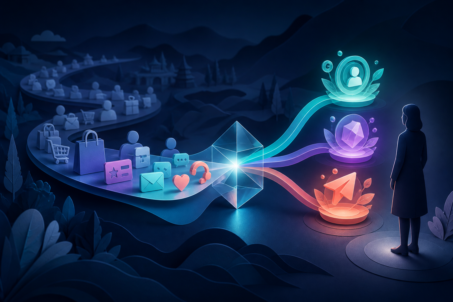 A sequence of customer interactions passes through a glowing prism and emerges as three illuminated marketing signals beside a customer silhouette.