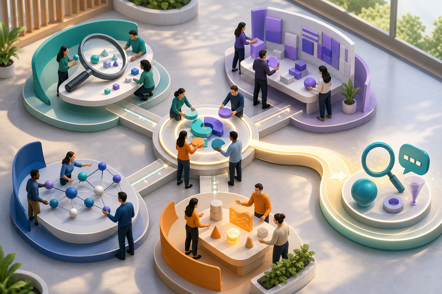 Four teams at connected workstations contribute content, search, relationship, and measurement elements to a shared central hub.
