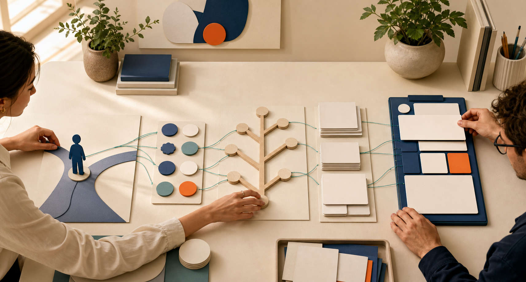 A strategist and writer connect an audience decision scenario to evidence, content modules, and a structured blank brief across a workspace.