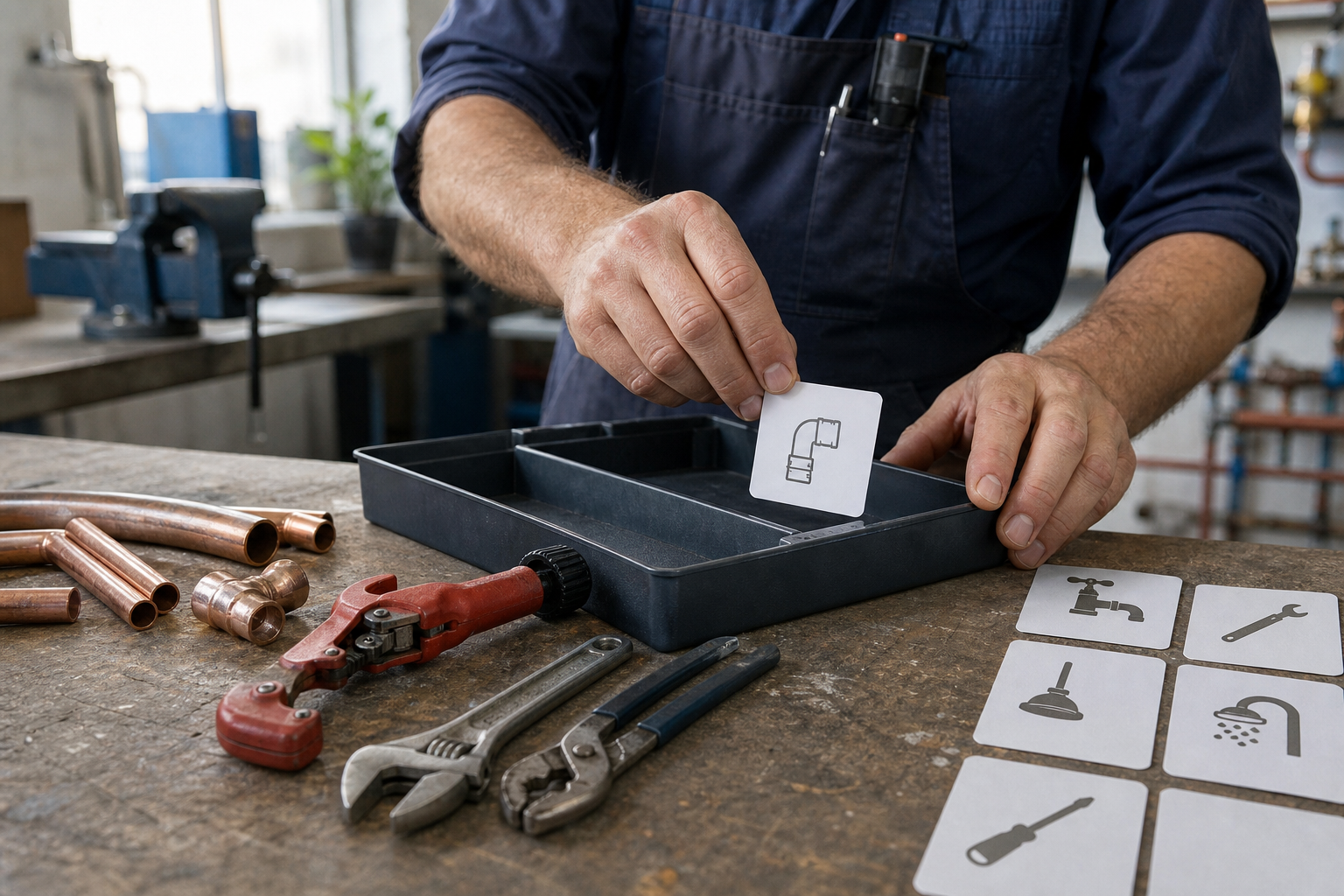A plumbing specialist matches a pipe-joint symbol card to the tools on a workshop bench while broader service cards sit aside.