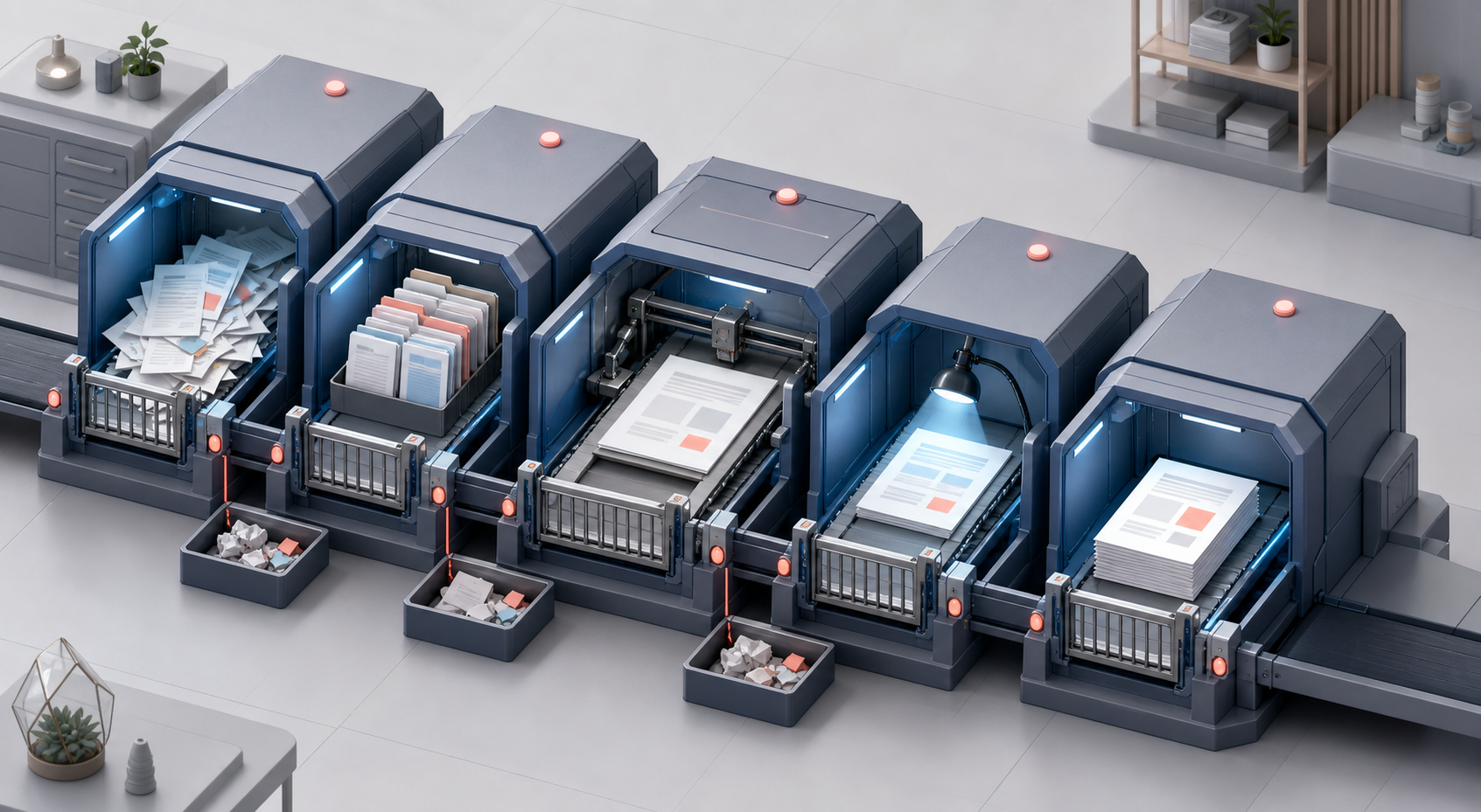 An isometric five-stage pipeline moves source materials through drafting and verification chambers, with gates and revision trays between each stage.