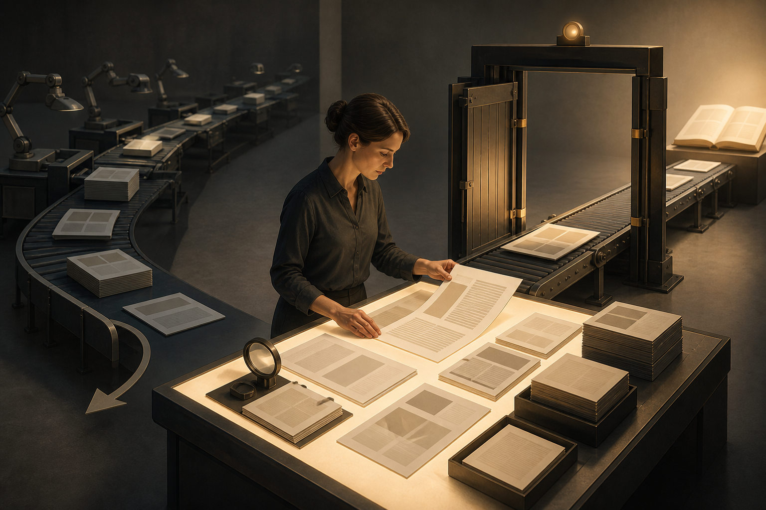 A human editor compares a draft with source documents at an illuminated checkpoint before opening the final publication gate.