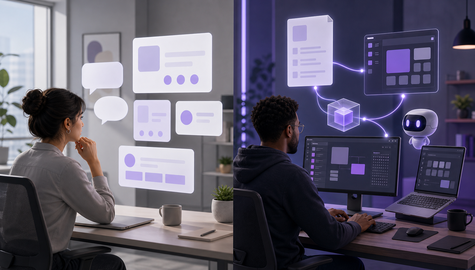 A researcher explores conversational recommendations while a developer uses an AI assistant to connect documentation and software components.