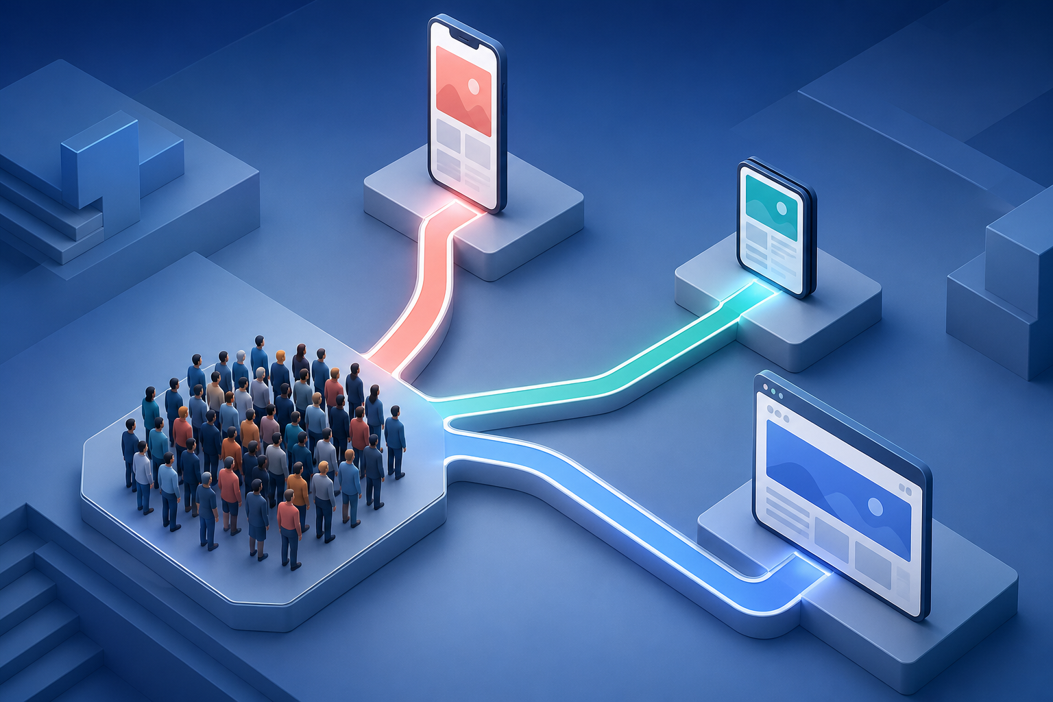 A single crowd connects through separate illuminated routes to smartphone, mobile device, and desktop surfaces.