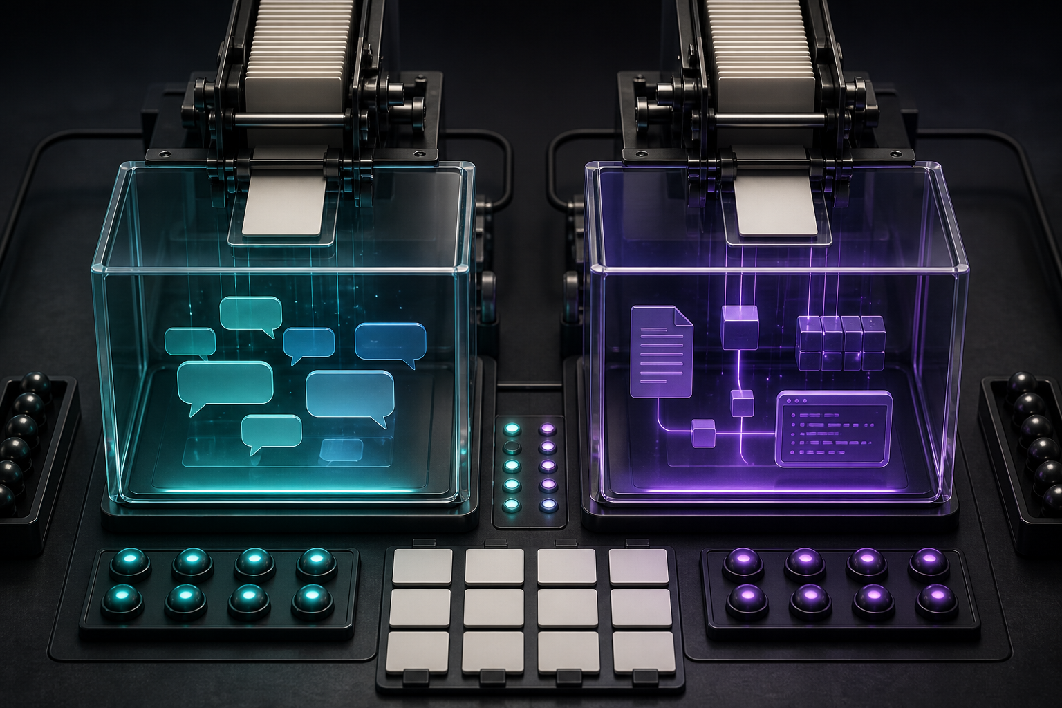 Two parallel testing chambers process identical blank prompt tiles and produce conversational and technical outputs.