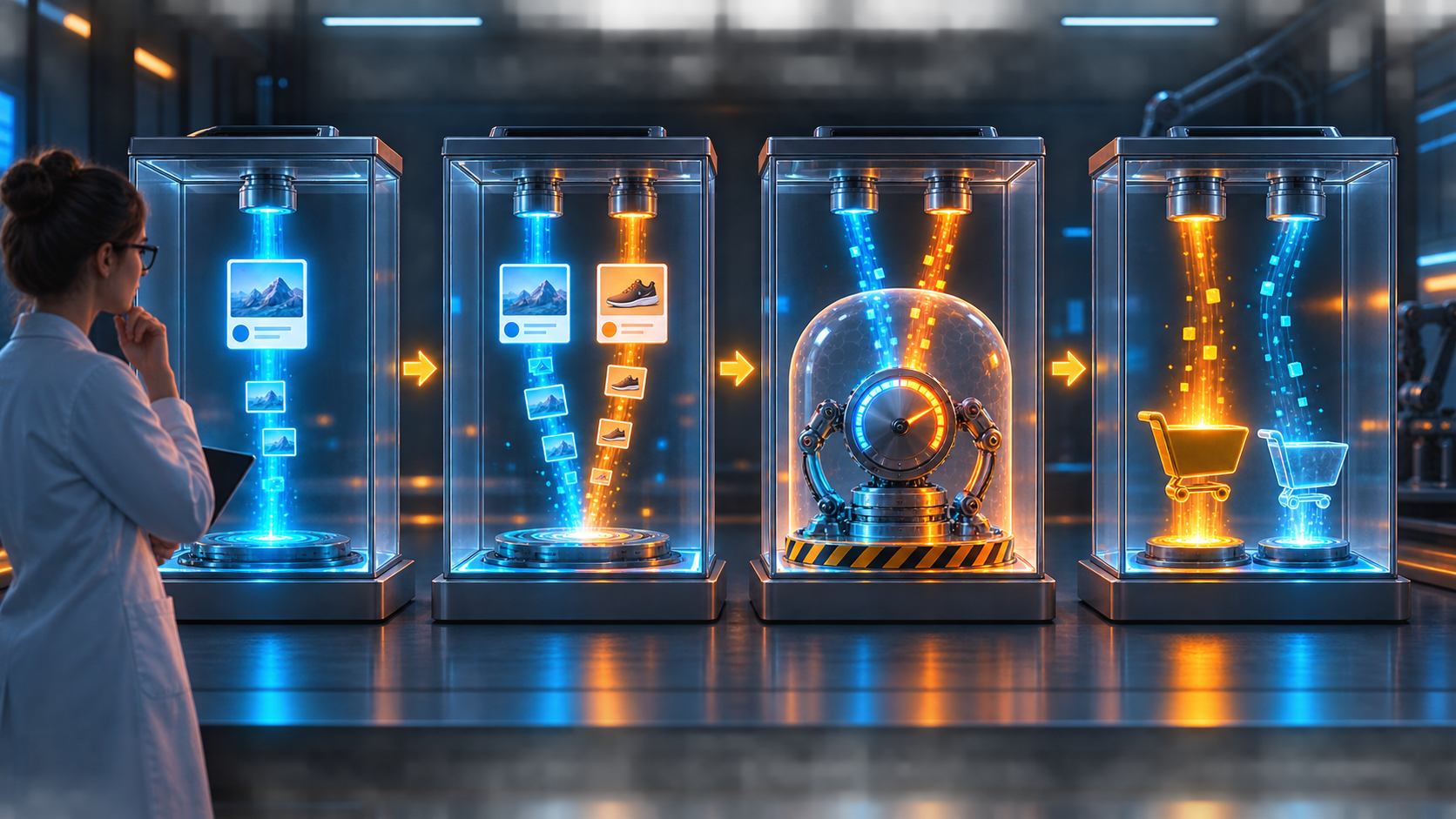 Four separated testing chambers show a baseline, added device traffic, constrained automation, and distinct conversion signals.