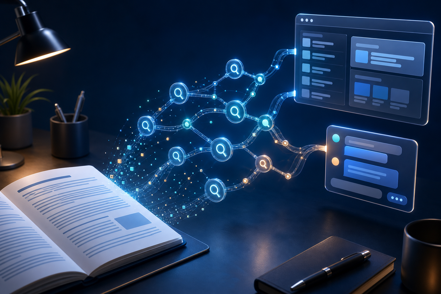A digital document sends glowing data pathways toward abstract search results and conversational answer interfaces while tiny geometric particles travel with it.