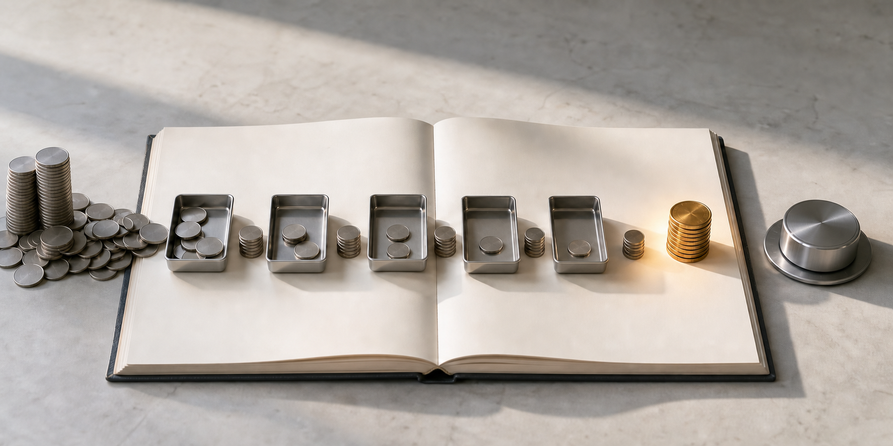 An open ledger uses coins and expense trays to show revenue being reduced by costs before reaching a bid-control dial.
