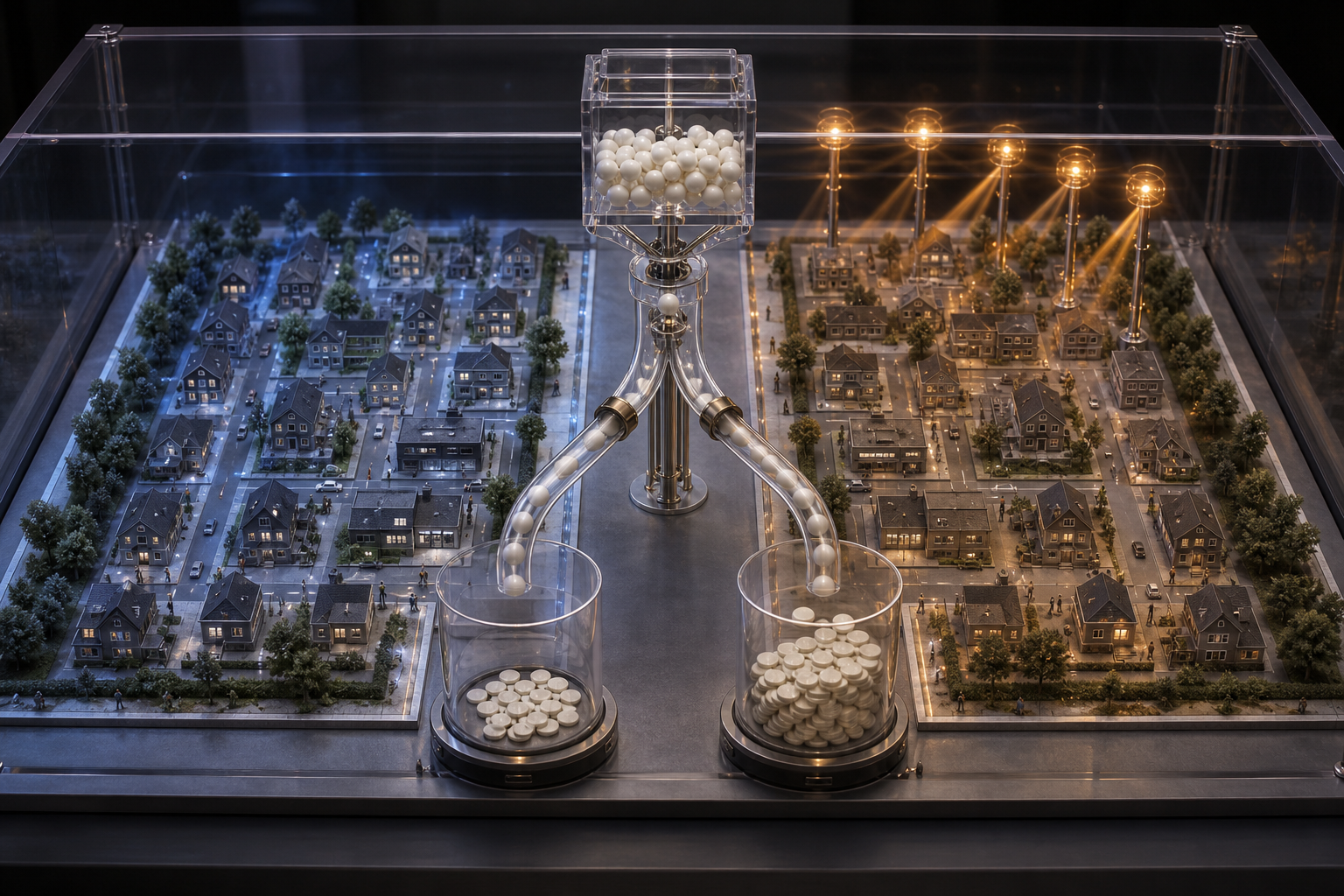 Two matched miniature market regions form an advertising test and holdout group, with purchase tokens collected separately to reveal a small difference.
