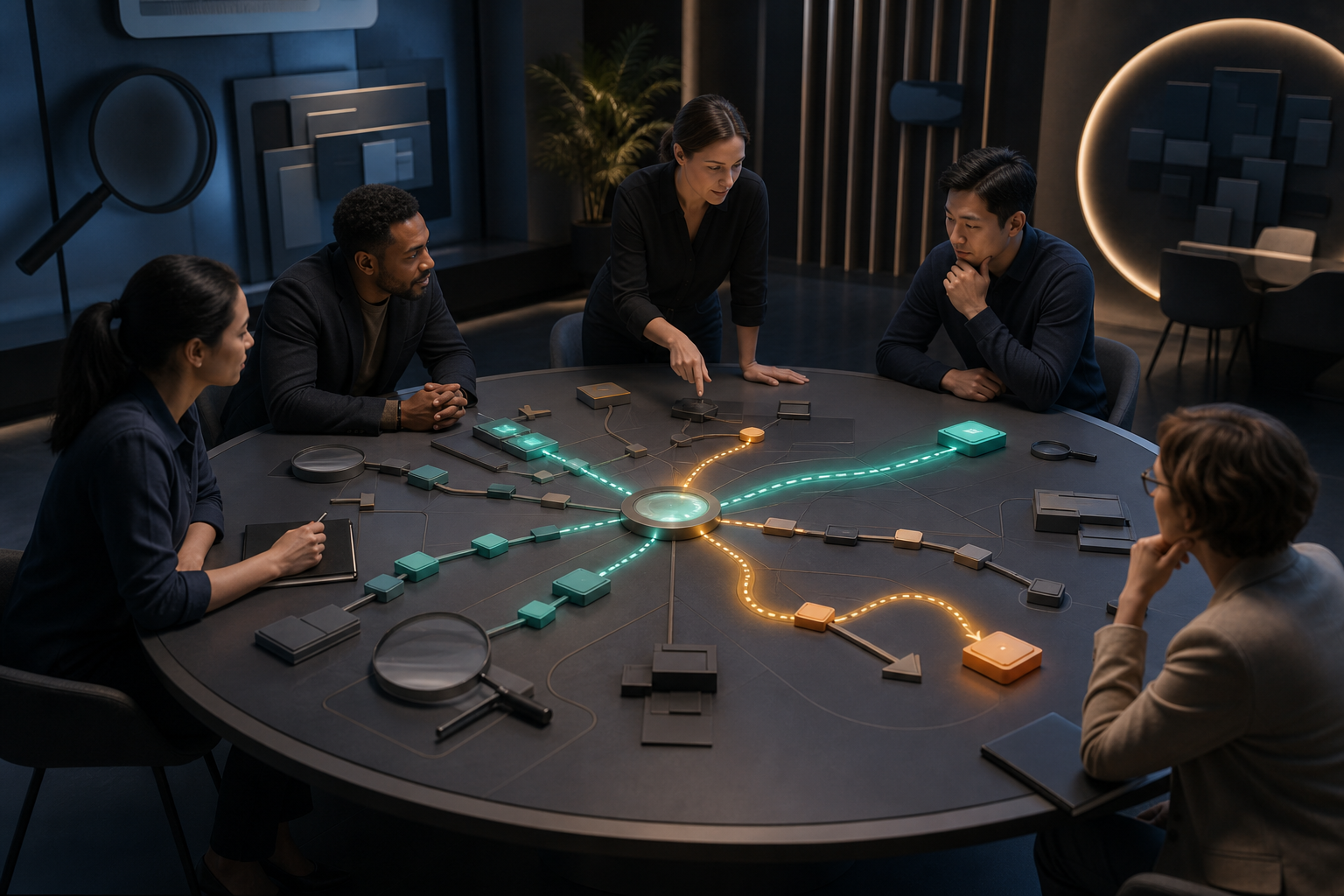 A team studies connected initiative blocks on a circular table as signals flow to options for continuing, adjusting, or pausing the work.
