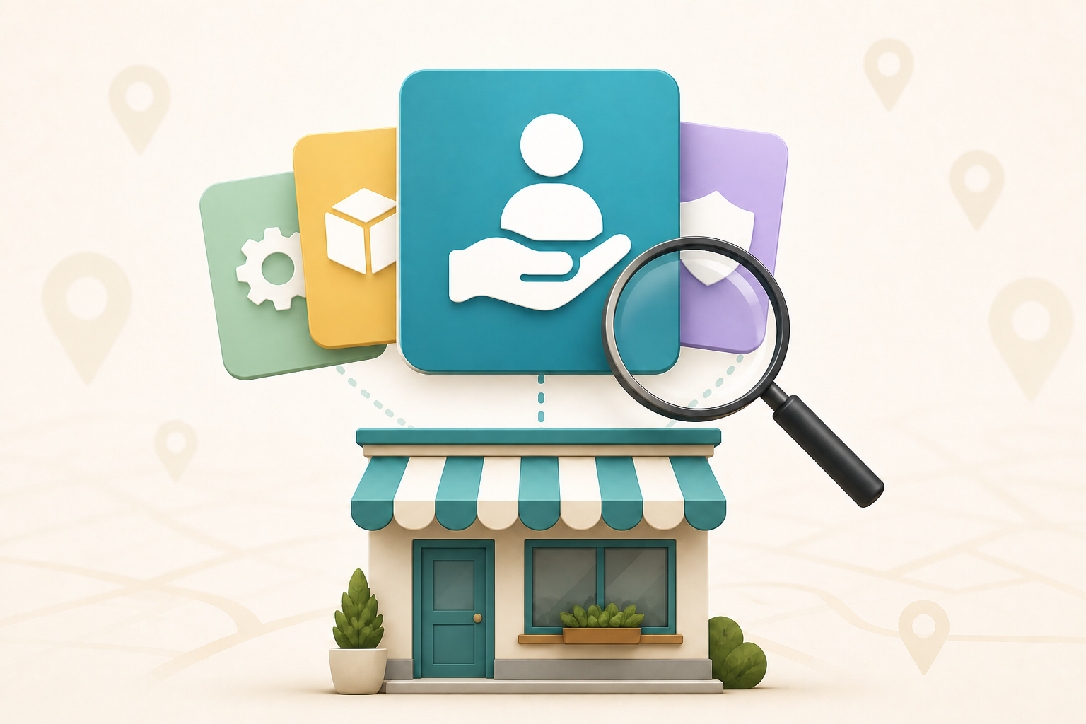Illustration of a storefront with one large primary category card and three smaller supporting category cards.
