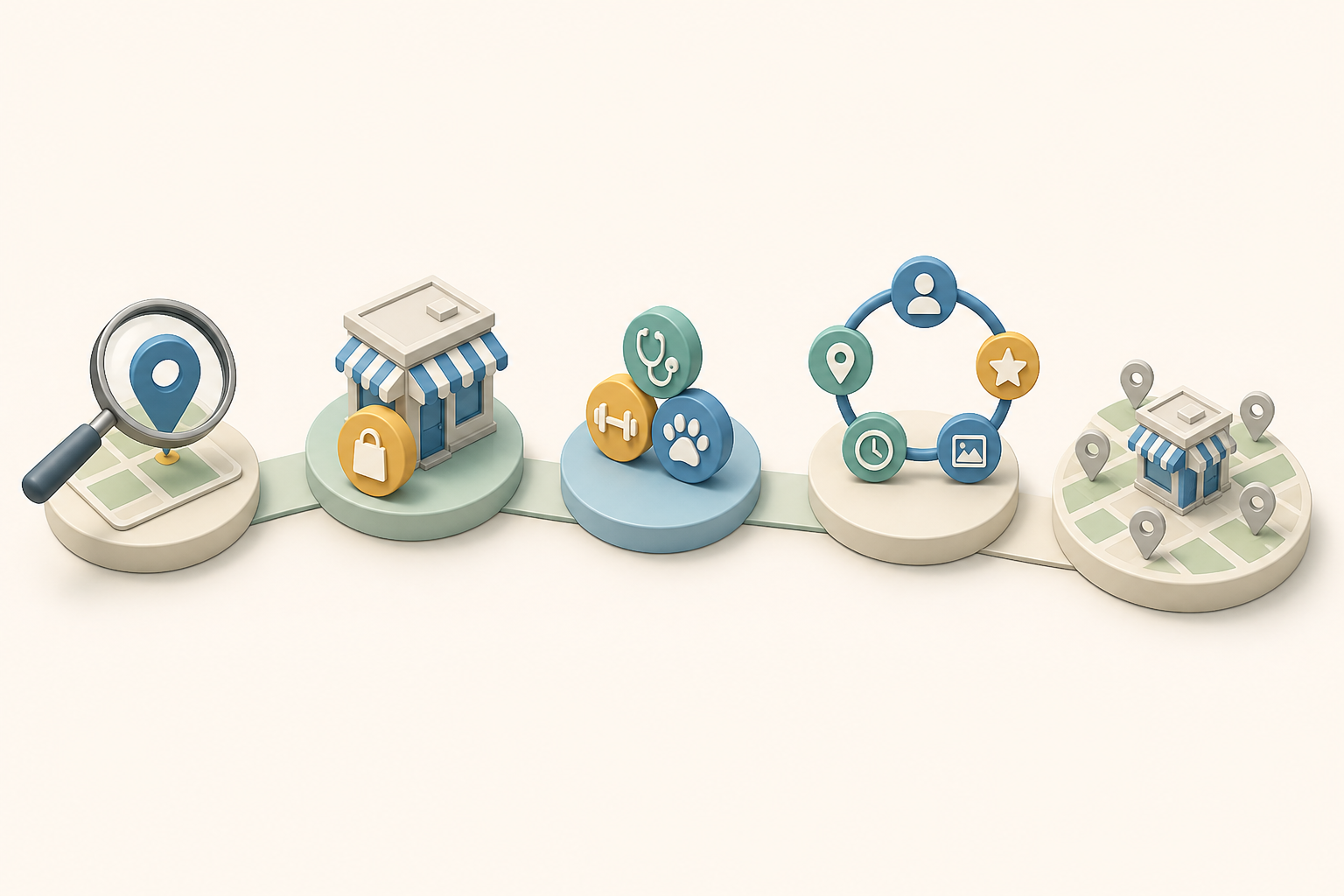 Isometric audit path with checkpoints for a search query, primary category, supporting categories, five profile details, and map visibility.