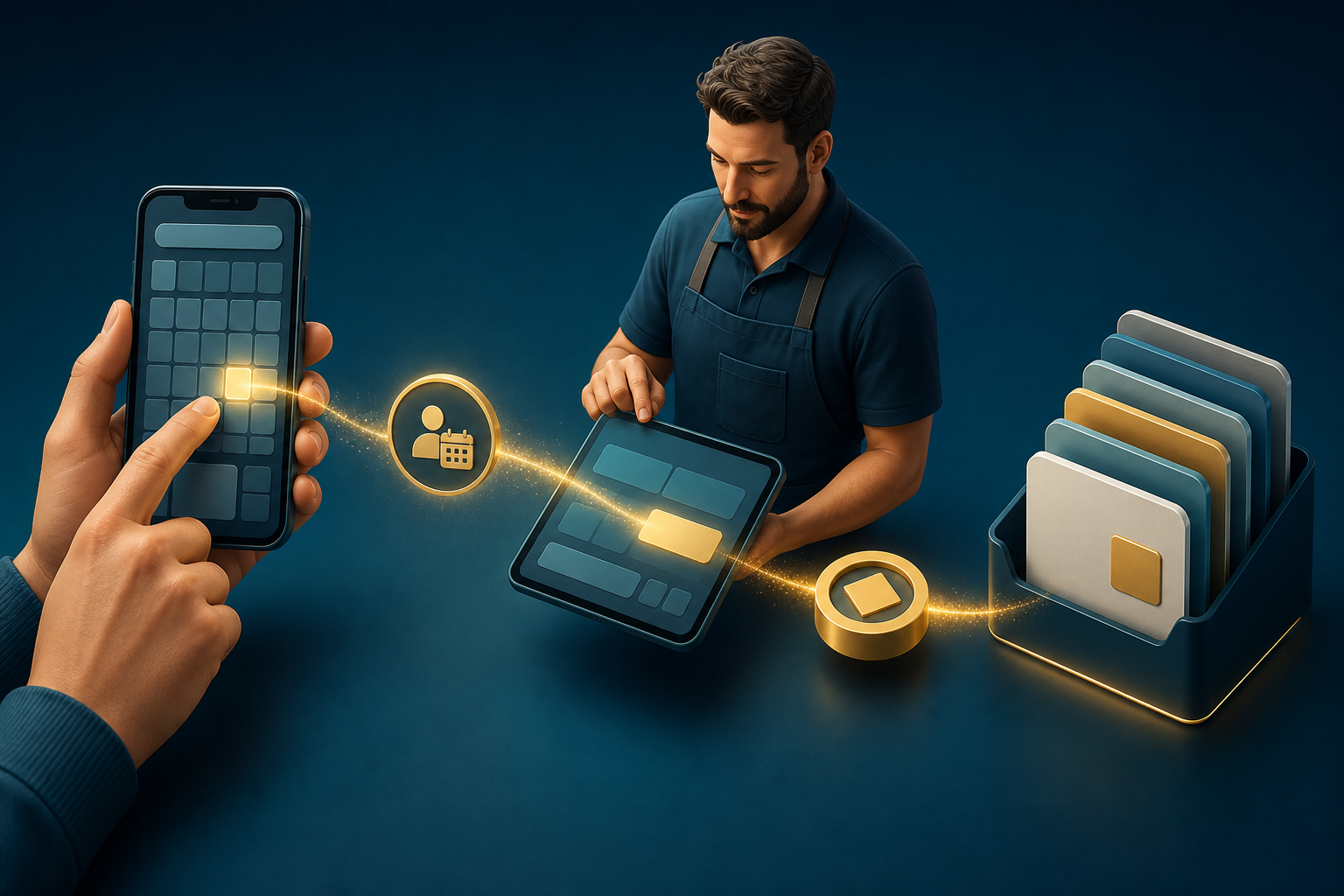 A customer's smartphone booking moves through a payment symbol into a service professional's digital intake queue.