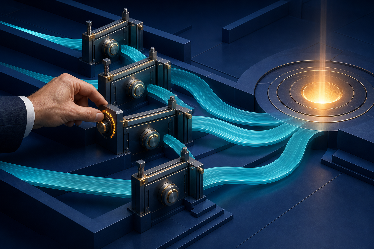 Four advertising channel pathways pass through adjustable gates controlled by a human hand before reaching a shared conversion hub.