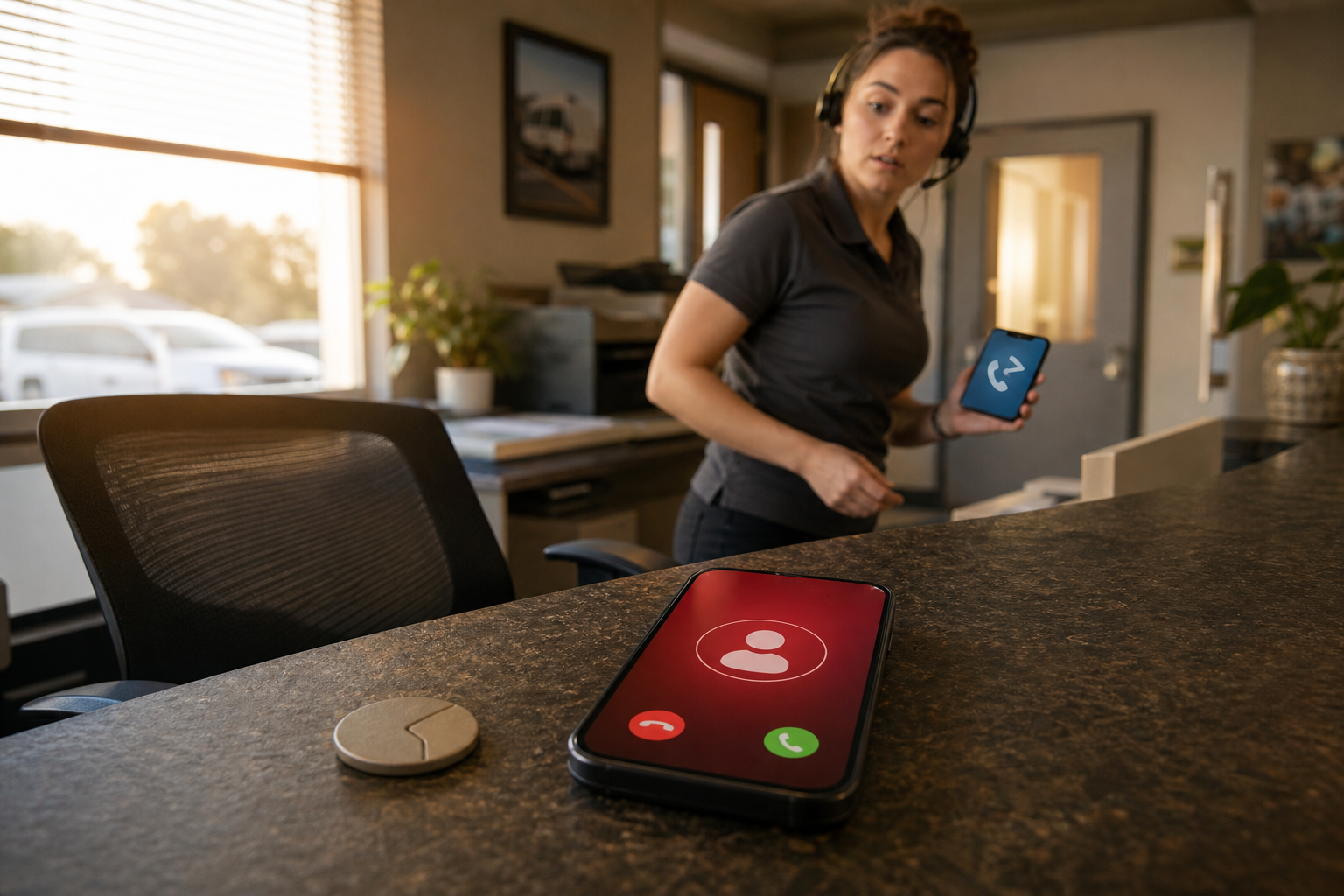 An unattended reception phone shows an incoming call while a headset-wearing staff member notices a callback alert nearby.