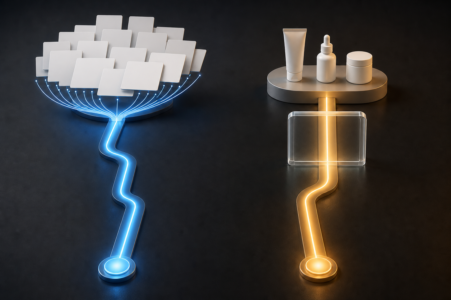 Two illuminated paths lead separately to connected evidence cards and a selected group of unbranded products.