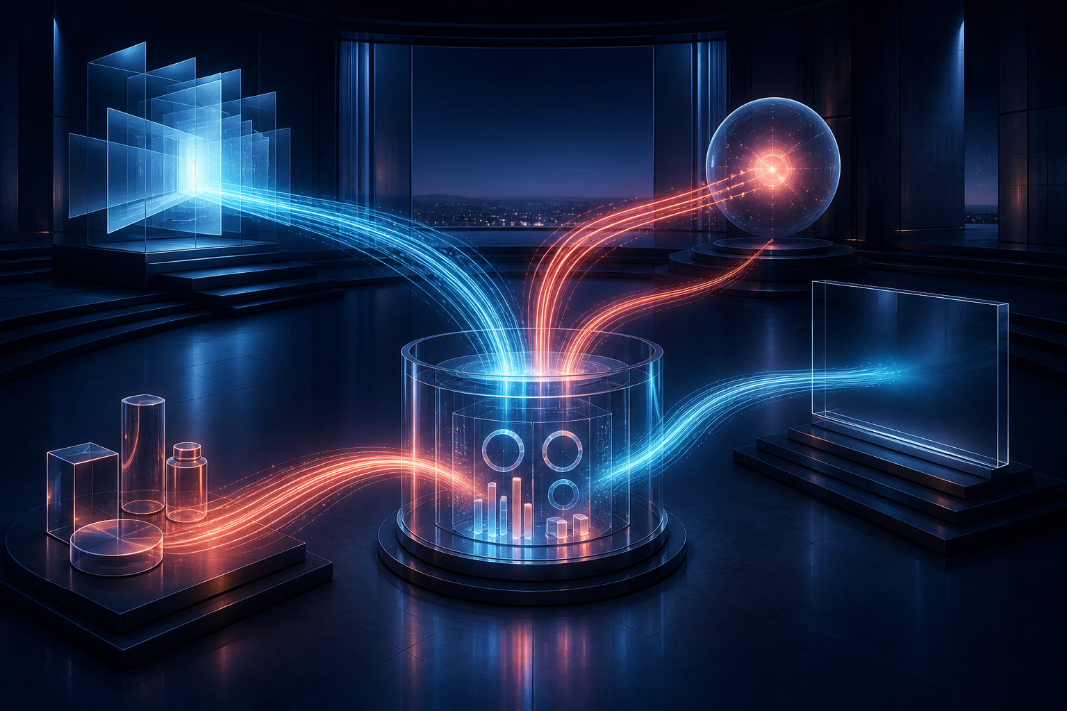 A glass measurement console collects light signals from search, an AI assistant, a website, and product-selection objects.