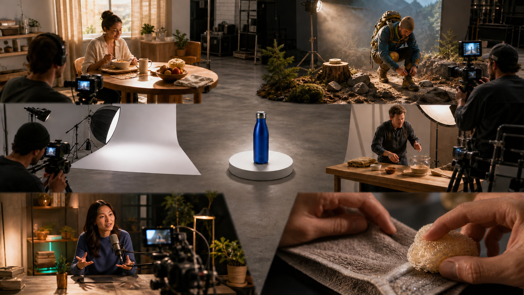 A production studio presents six visually distinct advertising concepts built around the same blue reusable bottle.