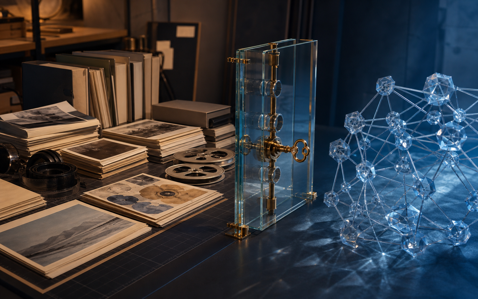 An organized multimedia archive and a geometric neural network sculpture sit on opposite sides of a locked glass gateway with permission rings.