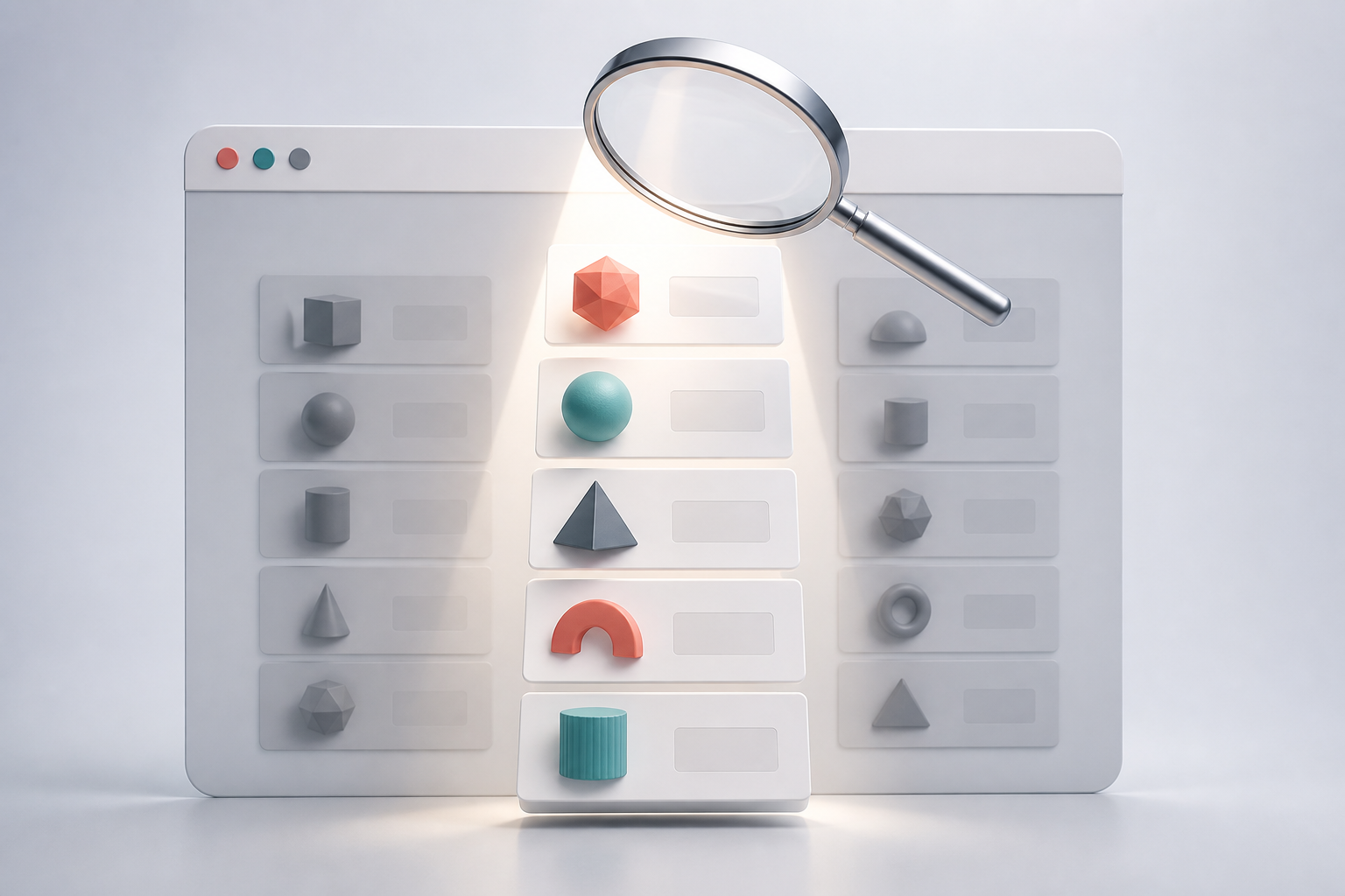 A magnifying glass illuminates selected cards in an unlabeled stack while repetitive cards fade into the background.
