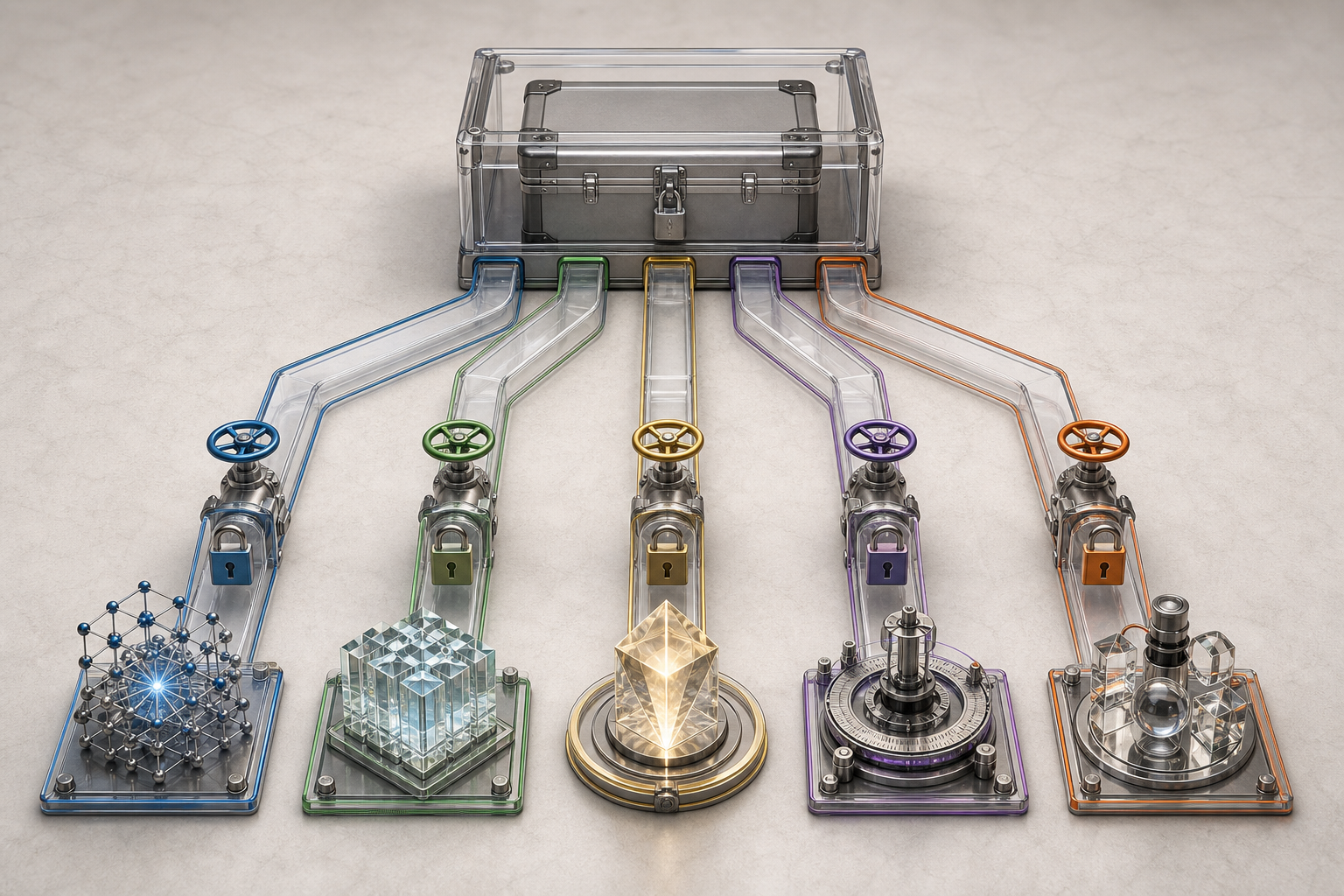 A sealed archive case connects to five separate transparent pathways, each controlled by its own valve and lock.
